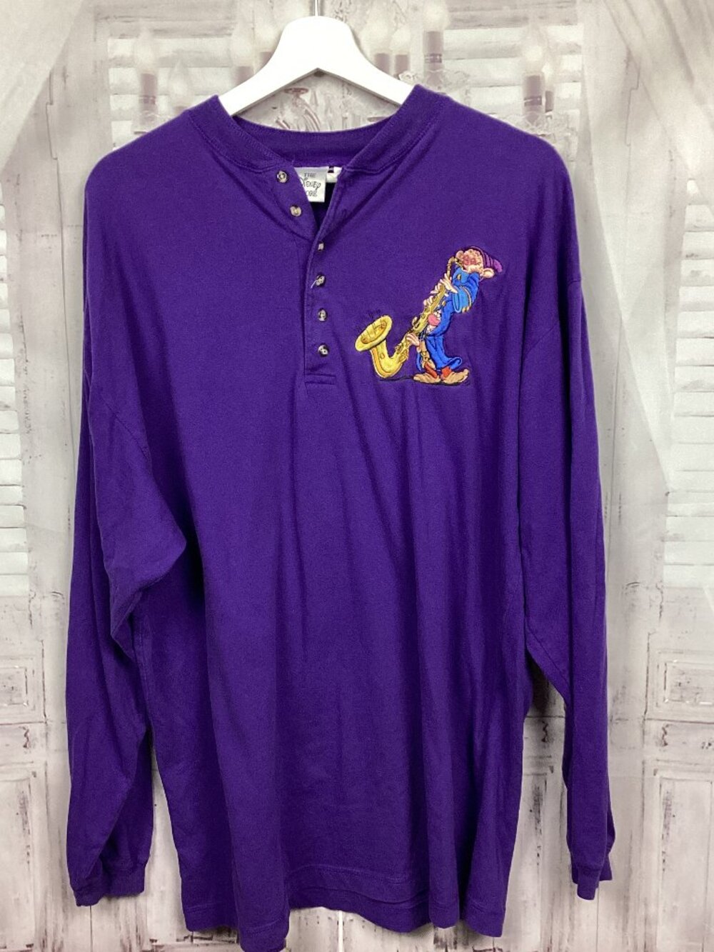 Disney Snow White Jazz Saxophone Embroidered Dwarves Long Sleeve Purple Tee XL